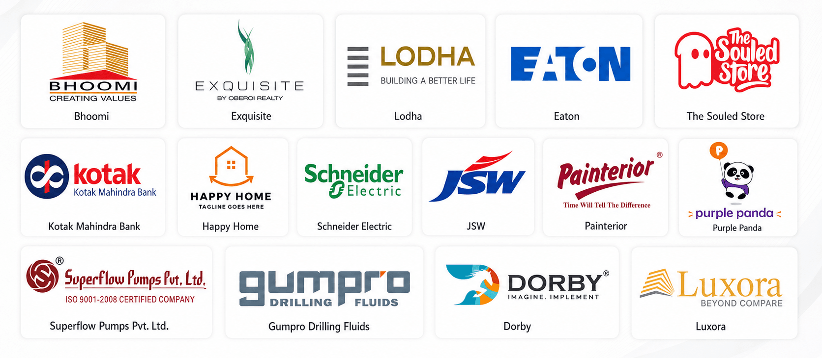 Elite Engineering client logos including Bhoomi, Exquisite by Oberoi Realty, Lodha, Eaton, The Souled Store, Kotak Mahindra Bank, Happy Home, Schneider Electric, JSW, Painterior, Purple Panda, Superflow Pumps, Gumpro, Dorby, and Luxora